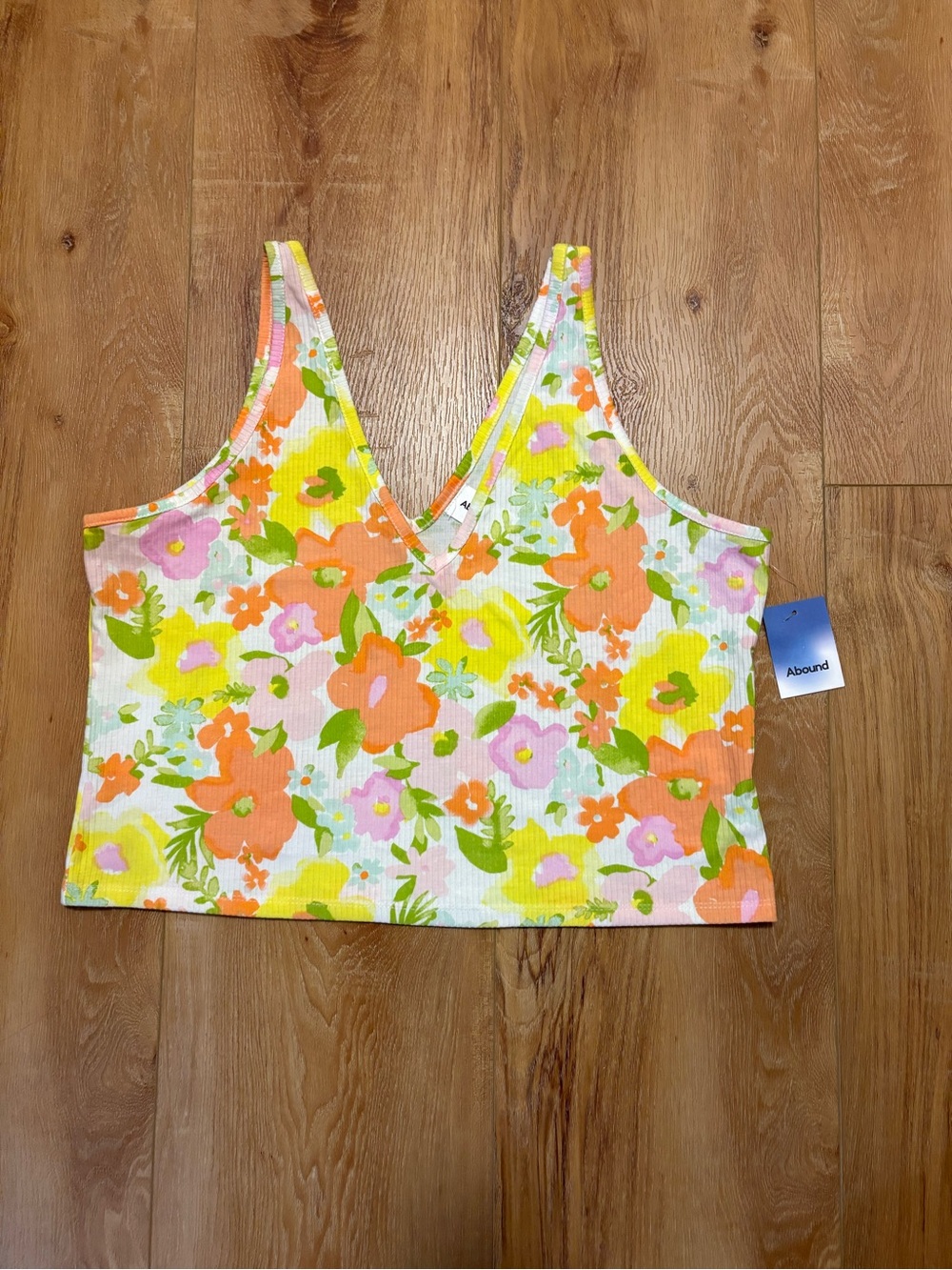 Abound 1X Floral Ribbed V-Neck Crop Top in Orange, Yellow, Pink NWT